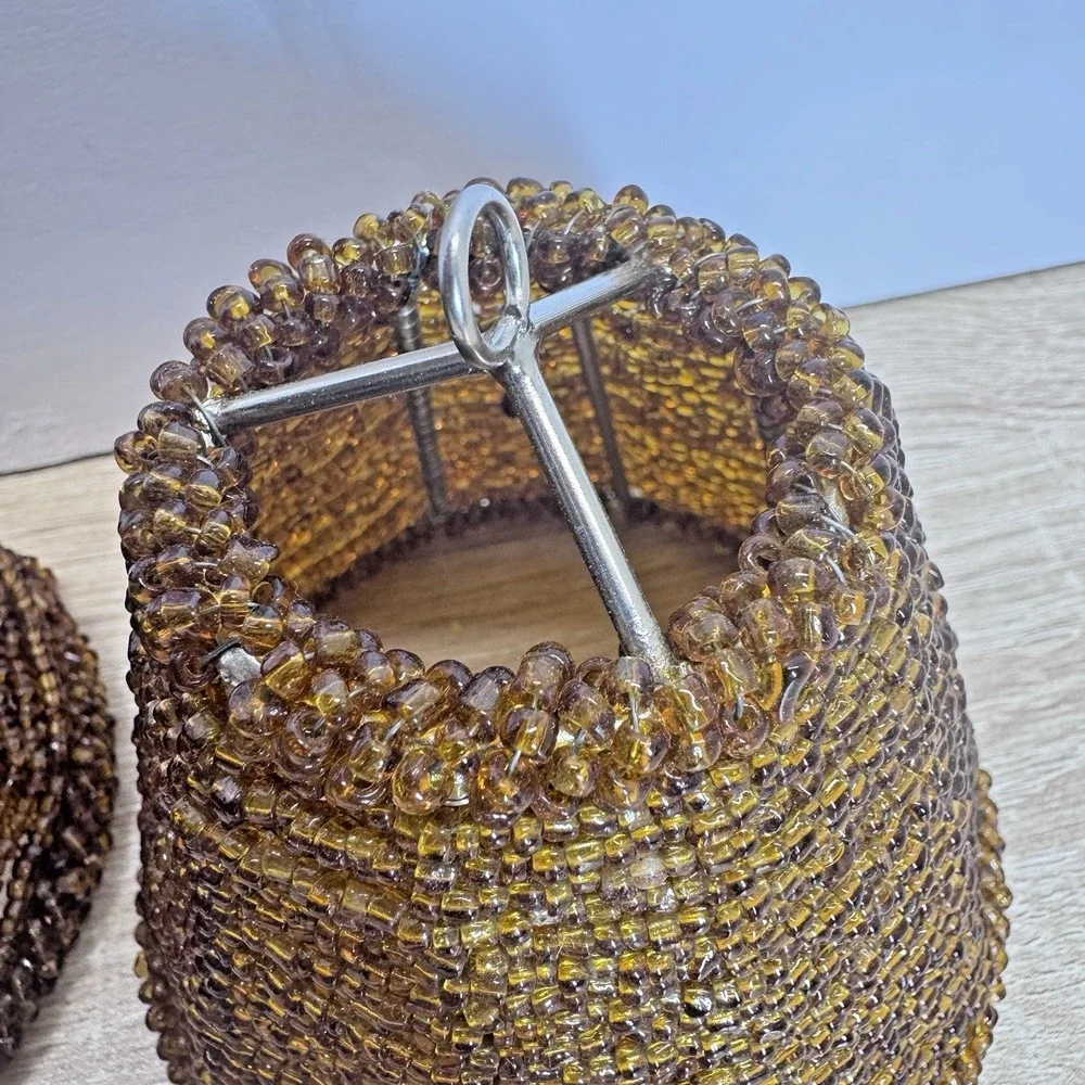 Amber Glass Seed Bead Chandelier Lamp Shades Set of 3 Boho Brown